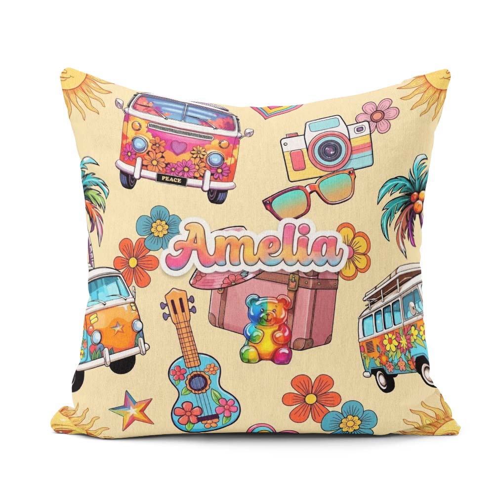 Custom Name Hippie Camera Guitar Floral Travel Beige Background Square Filled Cushion Throw Pillow Sofa Bed Home Decor Zip Washable UK Made