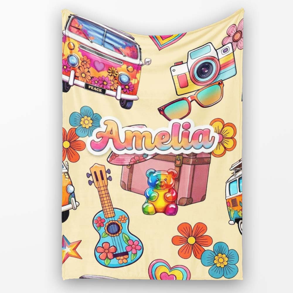 Hippie Van Camera Guitar Floral Travel Beige Background Seamless Personalised Custom Name Super Soft Fleece Blanket Bed Sofa Throw