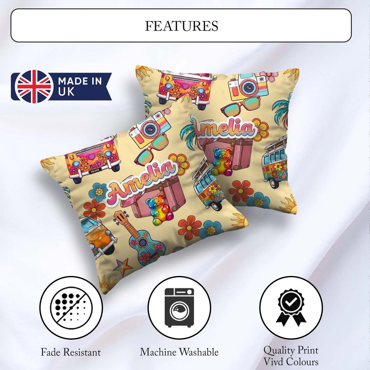 Custom Name Hippie Camera Guitar Floral Travel Beige Background Square Filled Cushion Throw Pillow Sofa Bed Home Decor Zip Washable UK Made