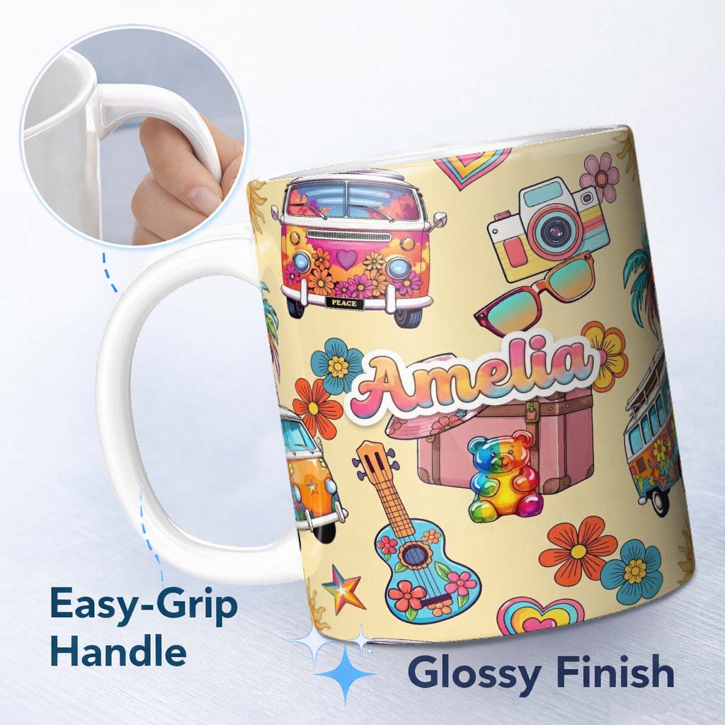 Personalized Custom Name Hippie Van Camera Guitar Floral Travel Beige Background Seamless 11oz Ceramic Coffee Tea Mug White Large Handle