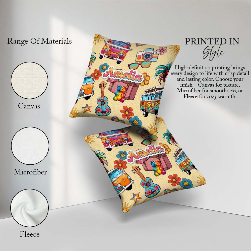 Custom Name Hippie Camera Guitar Floral Travel Beige Background Square Filled Cushion Throw Pillow Sofa Bed Home Decor Zip Washable UK Made