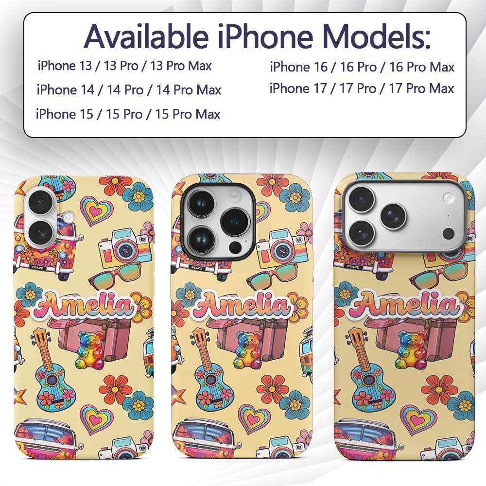 Hippie Van Camera Guitar Floral Travel Beige Custom Name Protective Phone Case Mobile Cover Durable Everyday Smartphone Shock Resistant