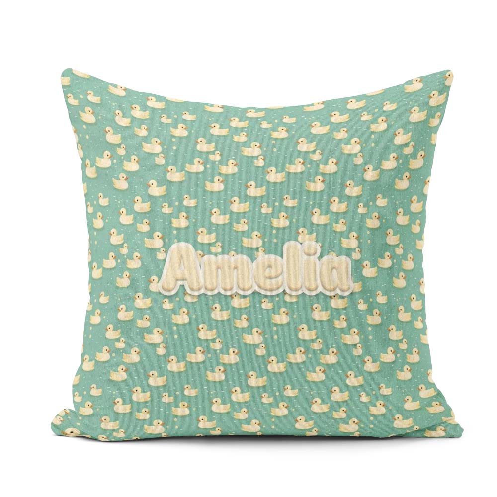 Custom Name Cute Yellow Rubber Ducks on Teal Water Seamless Name Square Filled Cushion Throw Pillow Sofa Bed Home Decor Zip Washable UK Made