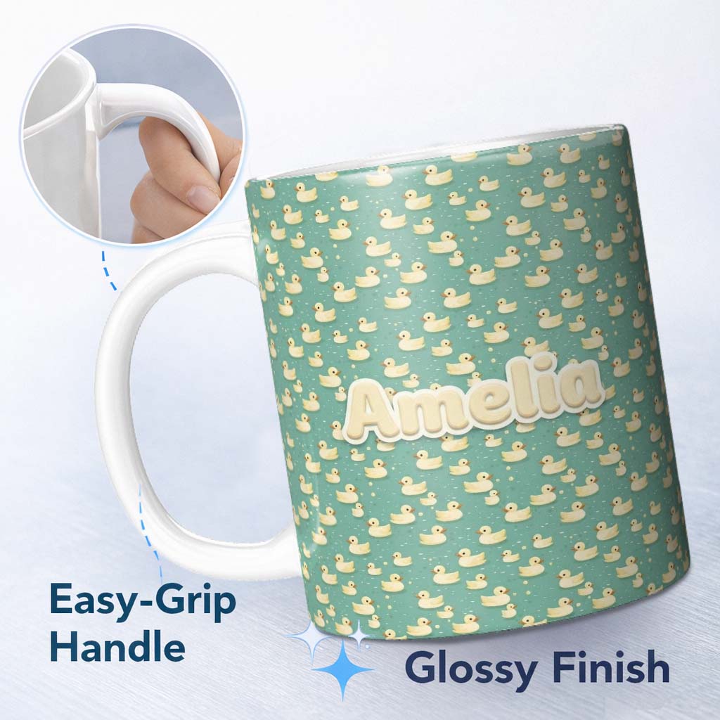 Personalized Custom Name Cute Yellow Rubber Ducks on Teal Water Seamless Pattern Name Unique 11oz Ceramic Coffee Tea Mug White Large Handle