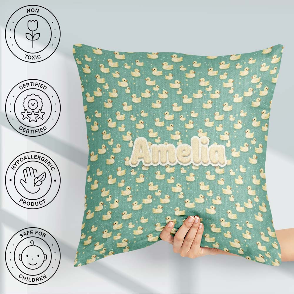 Custom Name Cute Yellow Rubber Ducks on Teal Water Seamless Name Square Filled Cushion Throw Pillow Sofa Bed Home Decor Zip Washable UK Made