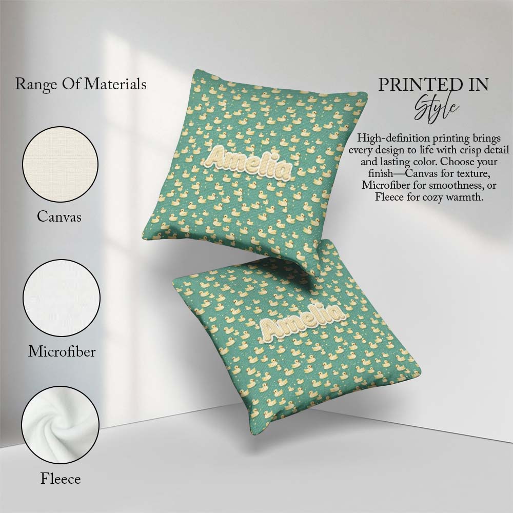 Custom Name Cute Yellow Rubber Ducks on Teal Water Seamless Name Square Filled Cushion Throw Pillow Sofa Bed Home Decor Zip Washable UK Made