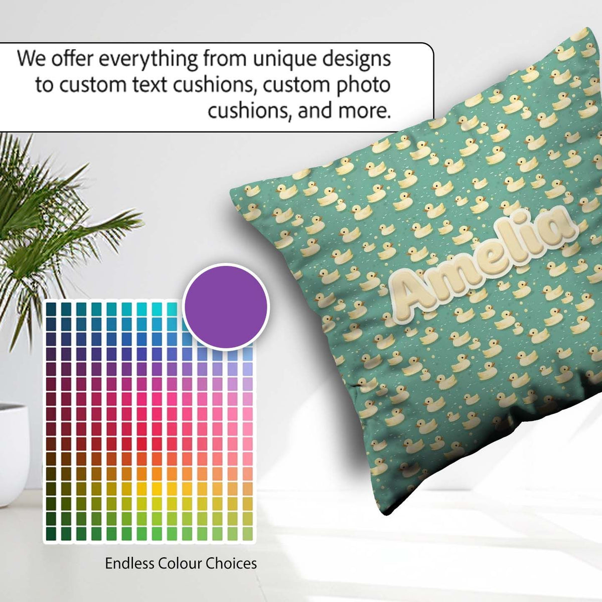 Custom Name Cute Yellow Rubber Ducks on Teal Water Seamless Name Square Filled Cushion Throw Pillow Sofa Bed Home Decor Zip Washable UK Made