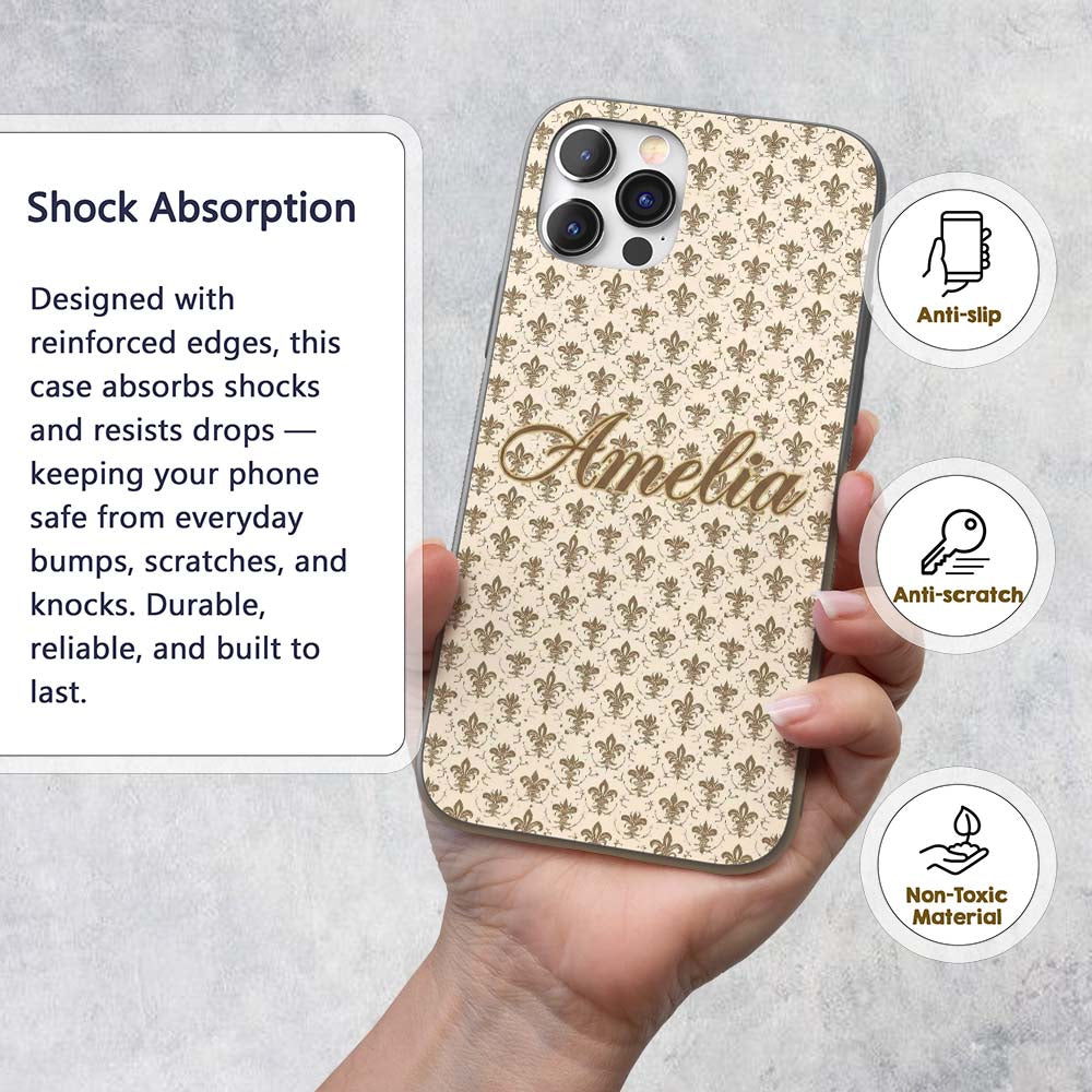 Vintage Fleur De Lis Damask Pattern Light Antique Custom Name Protective Phone Case Mobile Cover Durable Everyday Smartphone Shock Resistant