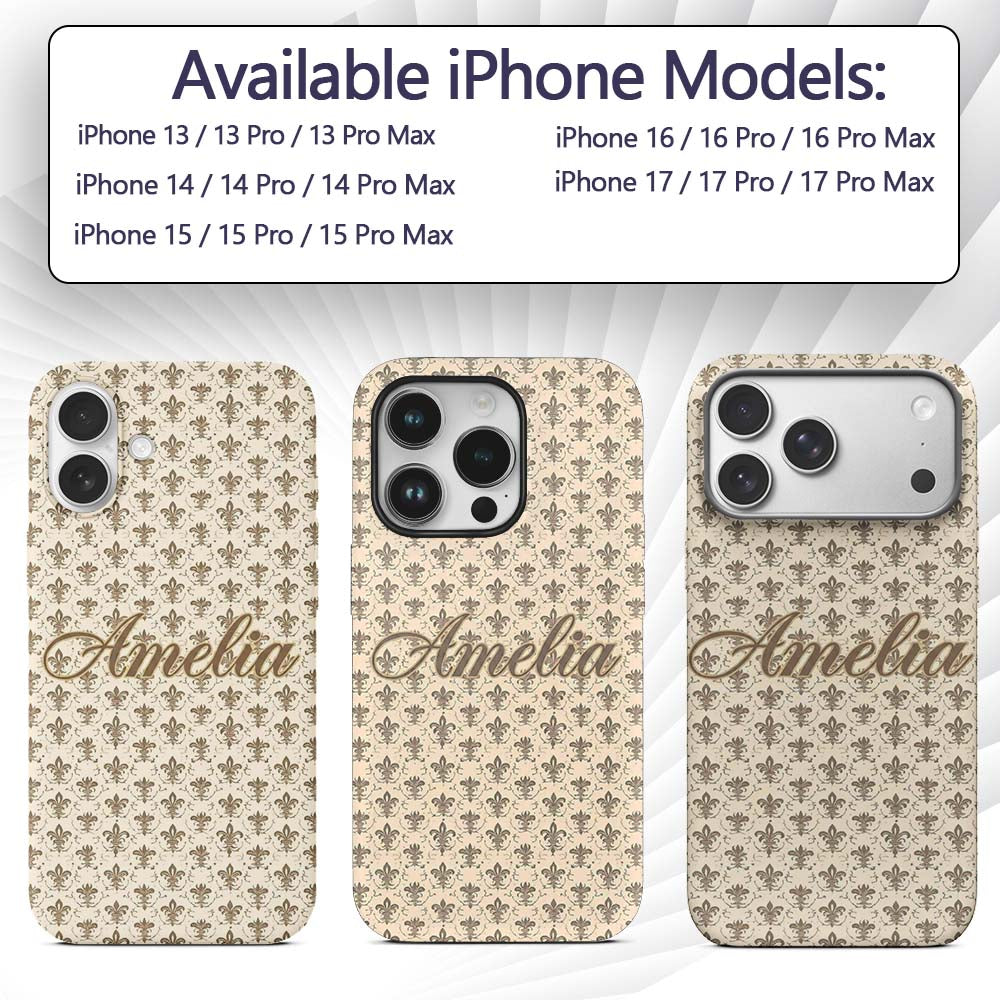Vintage Fleur De Lis Damask Pattern Light Antique Custom Name Protective Phone Case Mobile Cover Durable Everyday Smartphone Shock Resistant