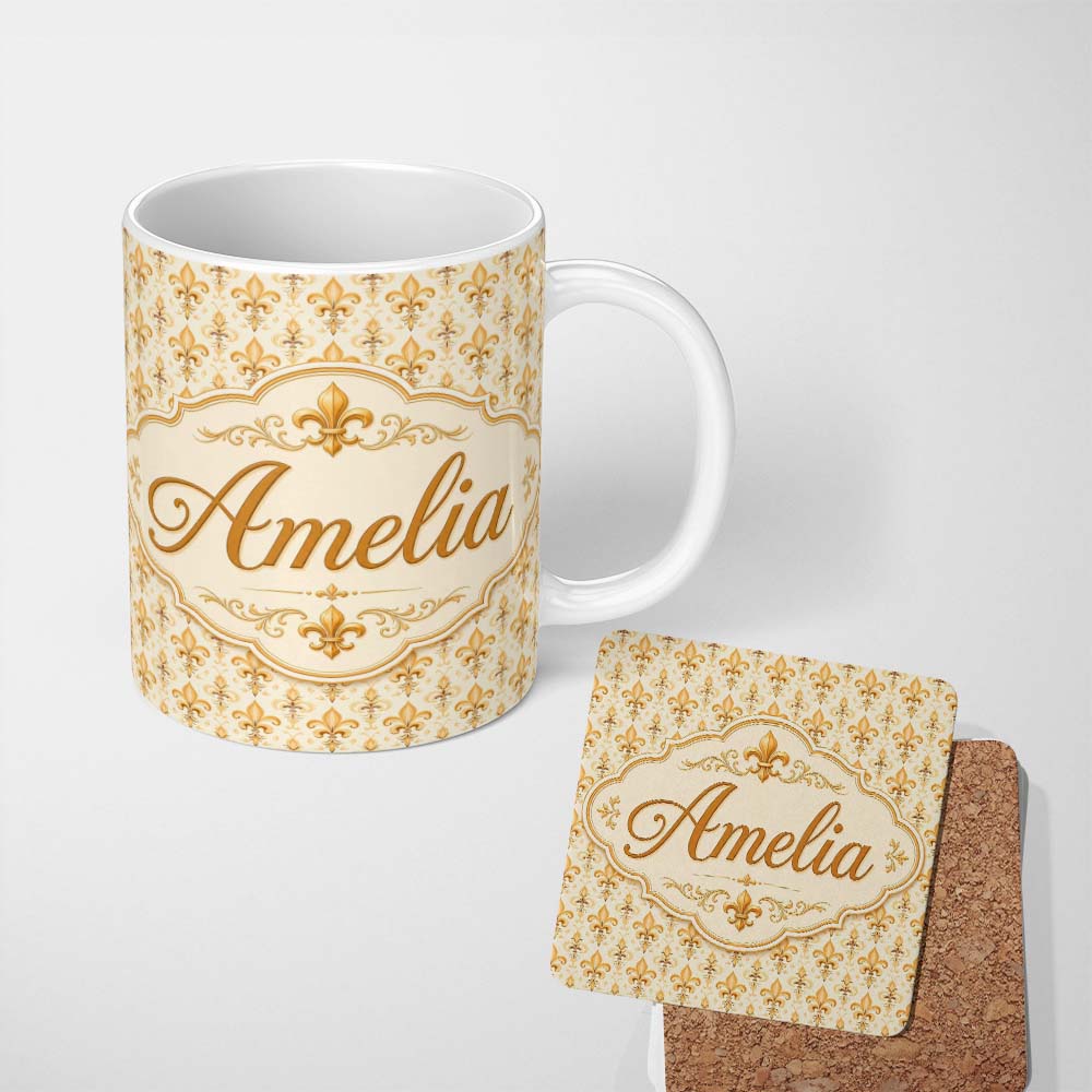 Personalized Custom Name Vintage Fleur De Lis Damask Pattern Warm Gold Background Seamless 11oz Ceramic Coffee Tea Mug White Large Handle