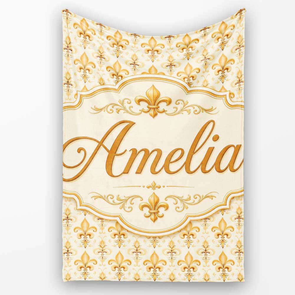 Vintage Fleur De Lis Damask Pattern Warm Gold Background Seamless Personalised Custom Name Super Soft Fleece Blanket Bed Sofa Throw