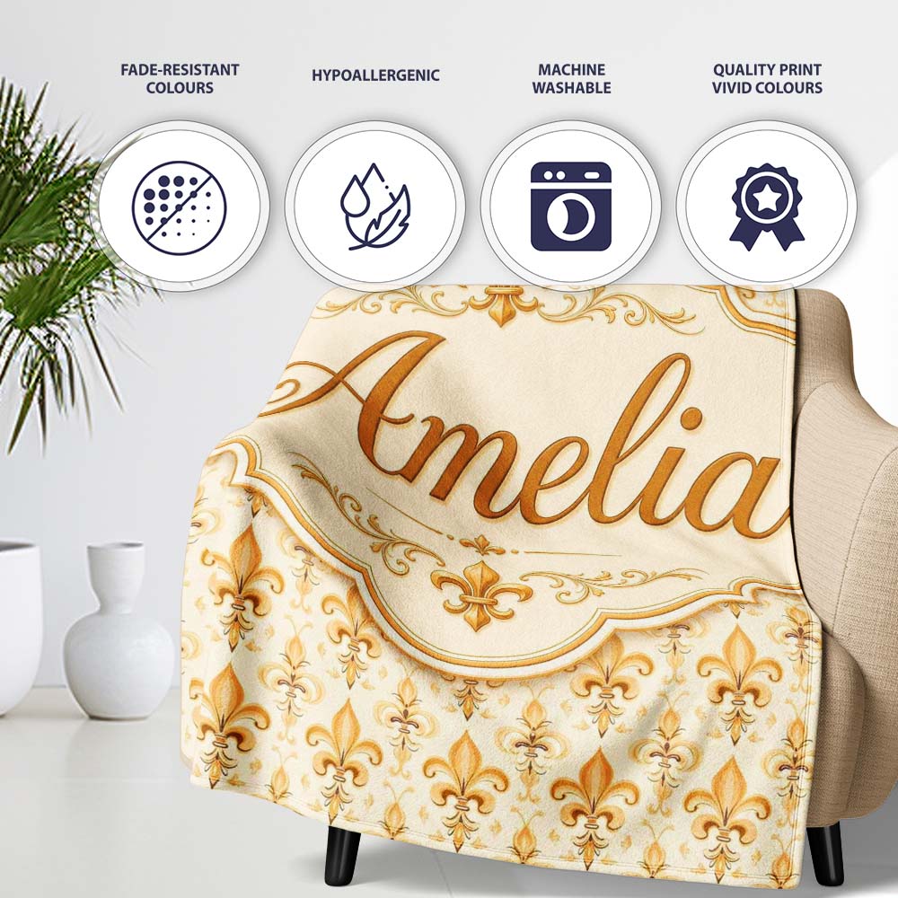 Vintage Fleur De Lis Damask Pattern Warm Gold Background Seamless Personalised Custom Name Super Soft Fleece Blanket Bed Sofa Throw