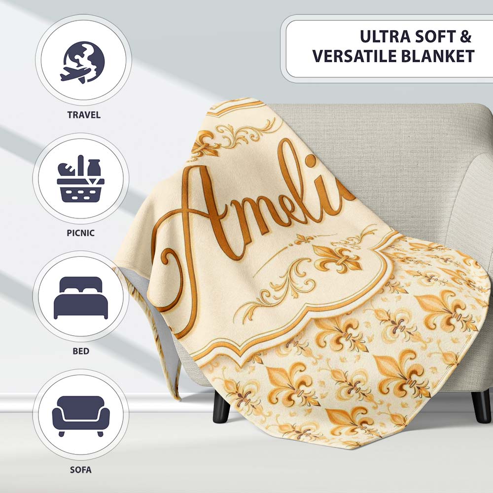 Vintage Fleur De Lis Damask Pattern Warm Gold Background Seamless Personalised Custom Name Super Soft Fleece Blanket Bed Sofa Throw