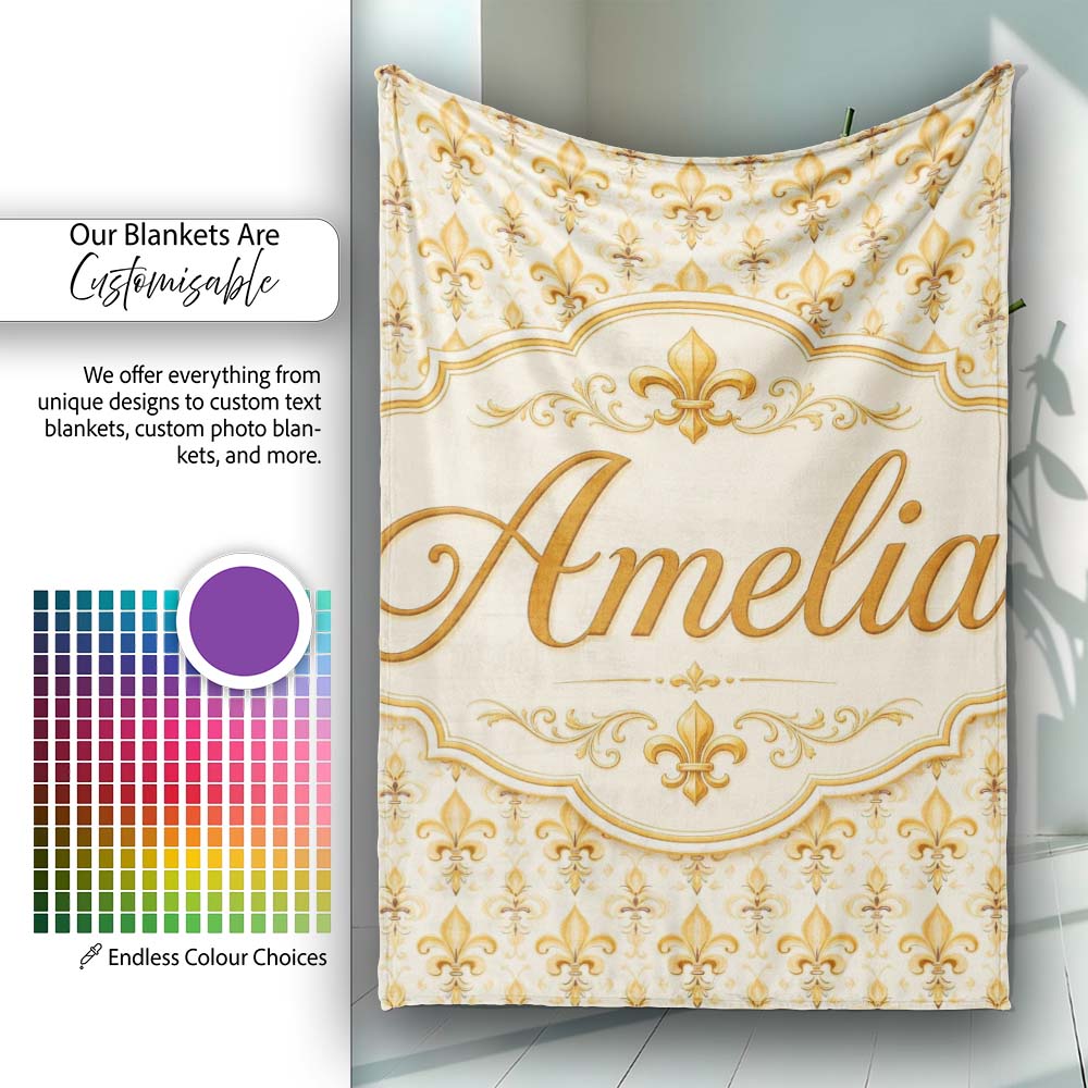 Vintage Fleur De Lis Damask Pattern Warm Gold Background Seamless Personalised Custom Name Super Soft Fleece Blanket Bed Sofa Throw