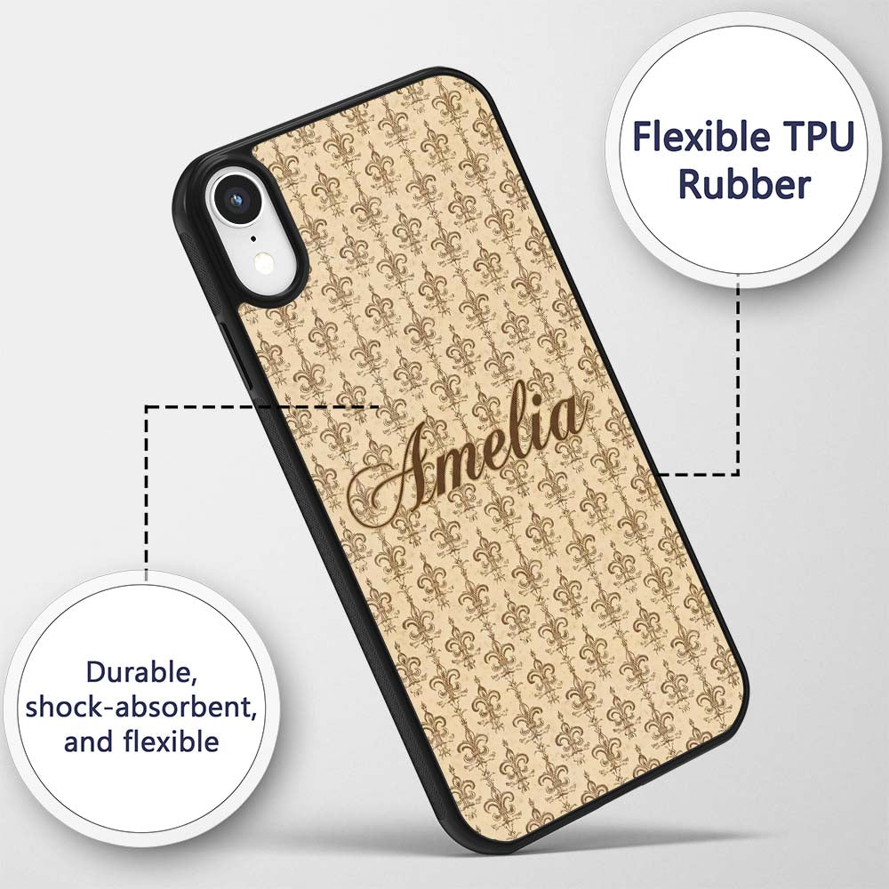 Vintage Fleur De Lis Damask Pattern Classic Cream Custom Name Protective Phone Case Mobile Cover Durable Everyday Smartphone Shock Resistant