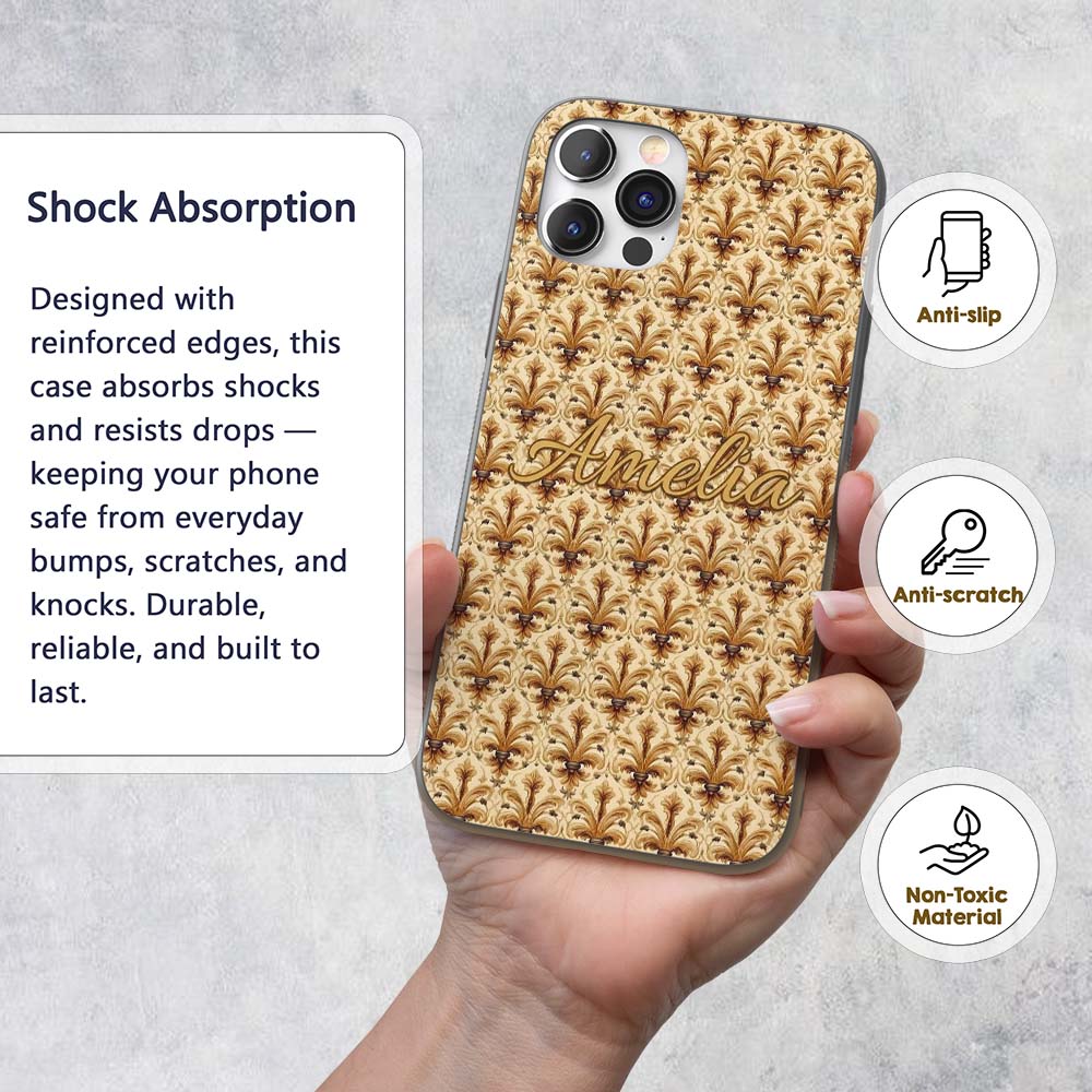 Elegant Vintage Fleur De Lis Ornamental Gold Custom Name Protective Phone Case Mobile Cover Durable Everyday Smartphone Shock Resistant