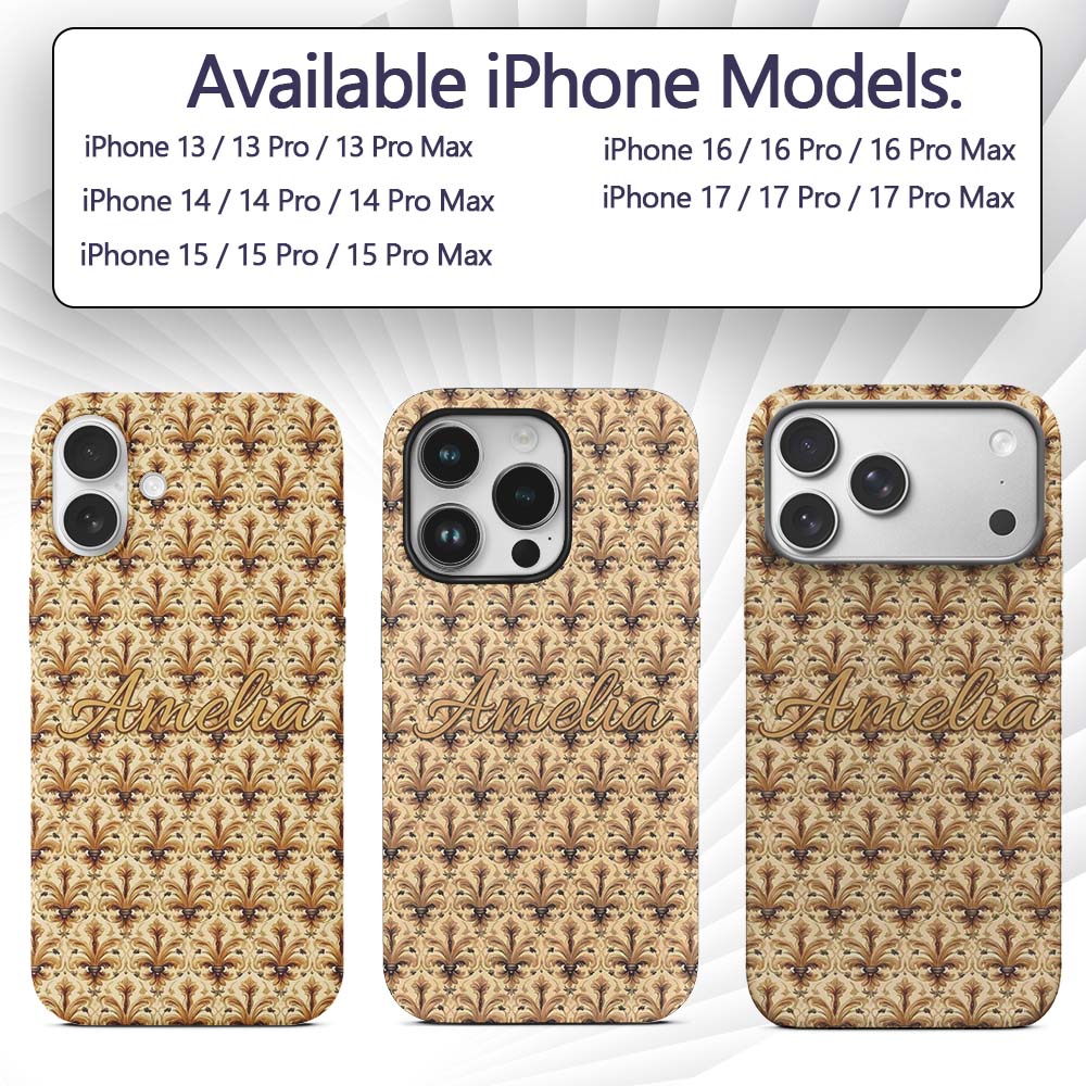 Elegant Vintage Fleur De Lis Ornamental Gold Custom Name Protective Phone Case Mobile Cover Durable Everyday Smartphone Shock Resistant