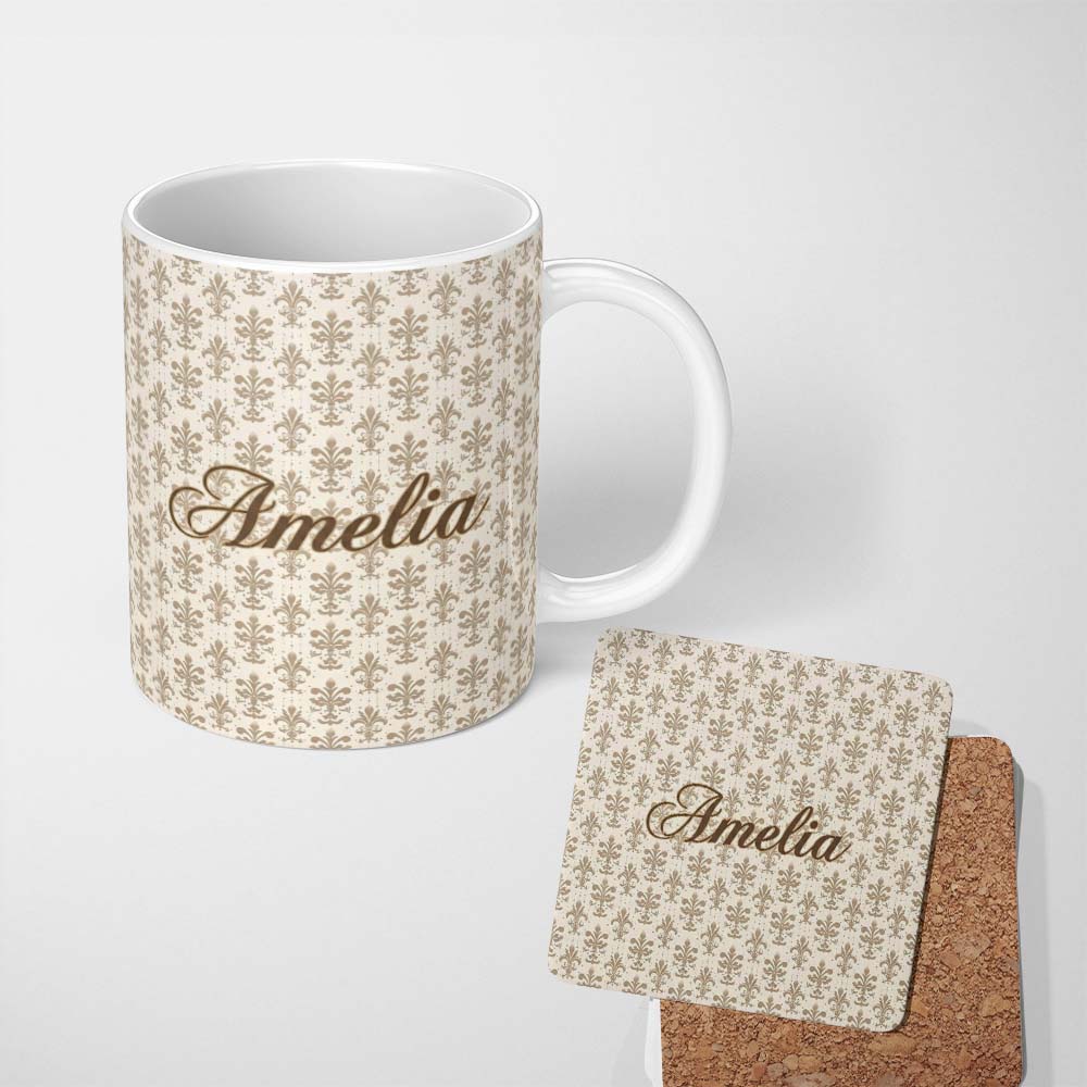 Personalized Custom Name Classic Neutral Fleur De Lis Damask Pattern Soft Beige Background 11oz Ceramic Coffee Tea Mug White Large Handle