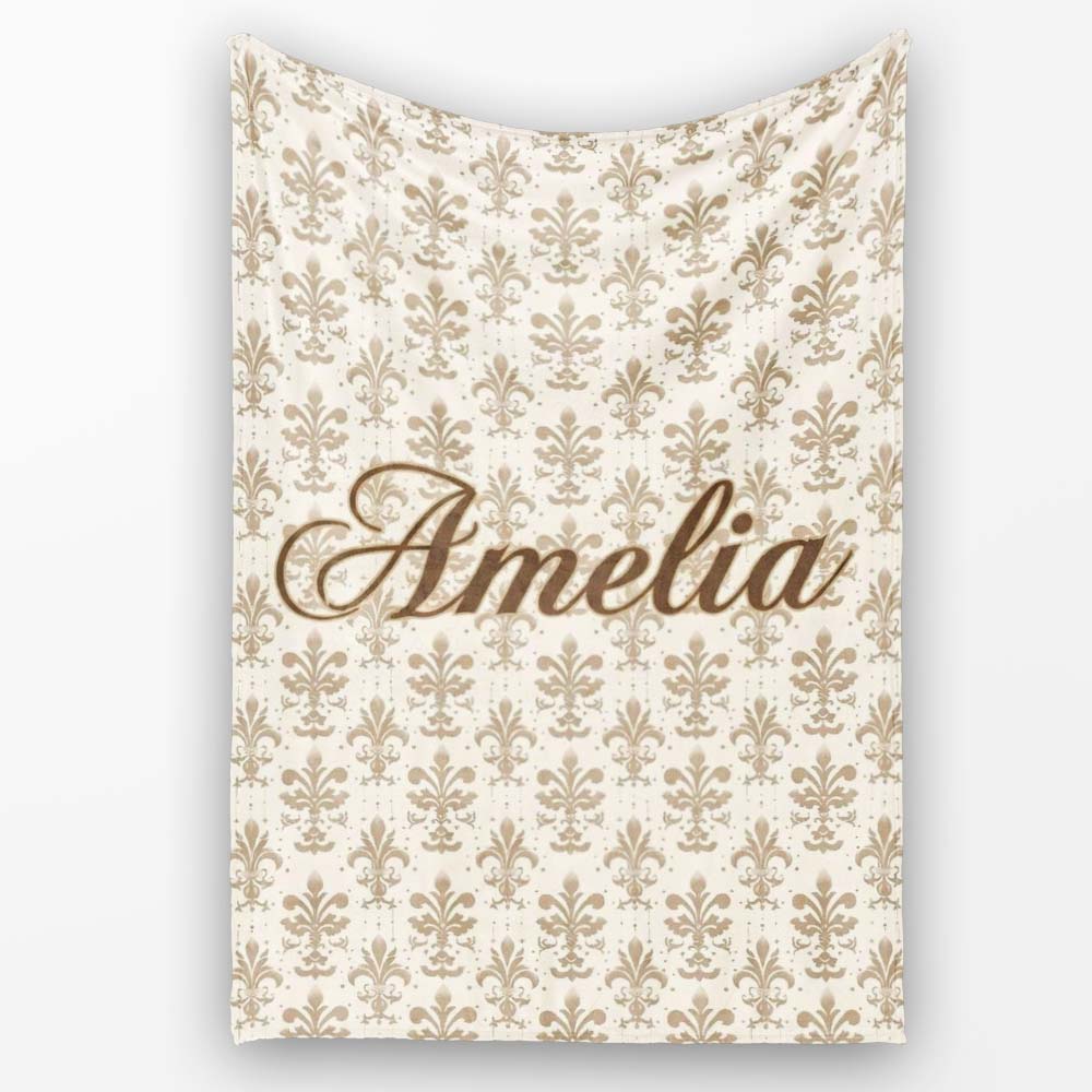Classic Neutral Fleur De Lis Damask Pattern Soft Beige Background Personalised Custom Name Super Soft Fleece Blanket Bed Sofa Throw