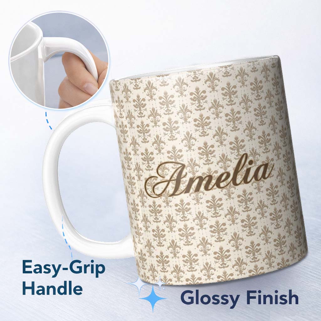 Personalized Custom Name Classic Neutral Fleur De Lis Damask Pattern Soft Beige Background 11oz Ceramic Coffee Tea Mug White Large Handle