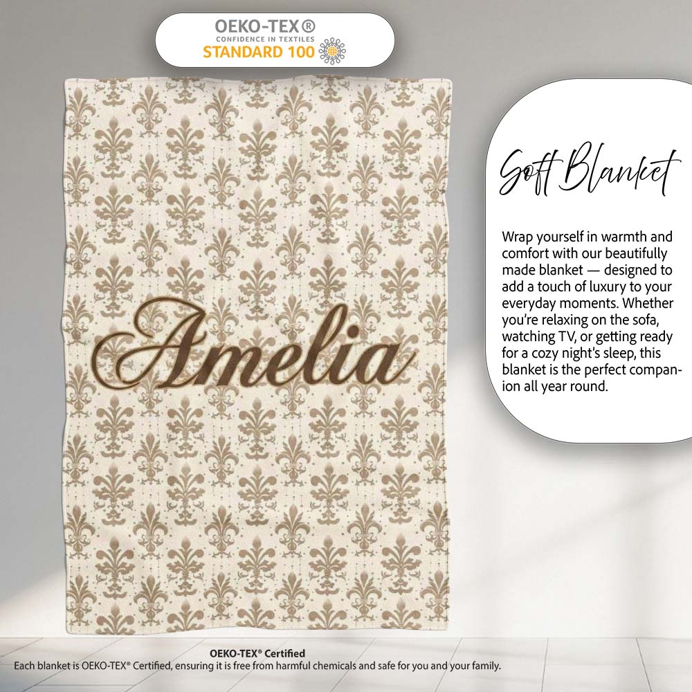 Classic Neutral Fleur De Lis Damask Pattern Soft Beige Background Personalised Custom Name Super Soft Fleece Blanket Bed Sofa Throw