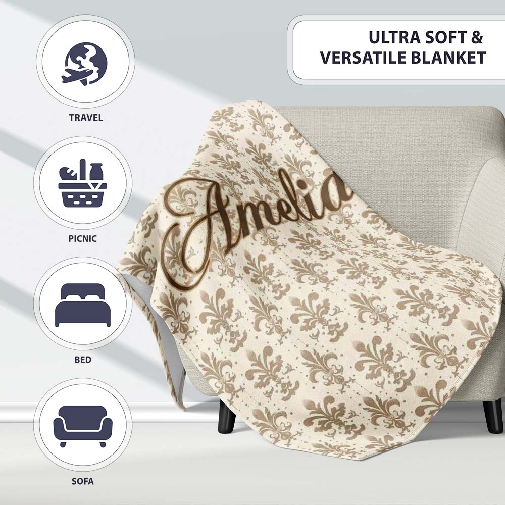 Classic Neutral Fleur De Lis Damask Pattern Soft Beige Background Personalised Custom Name Super Soft Fleece Blanket Bed Sofa Throw