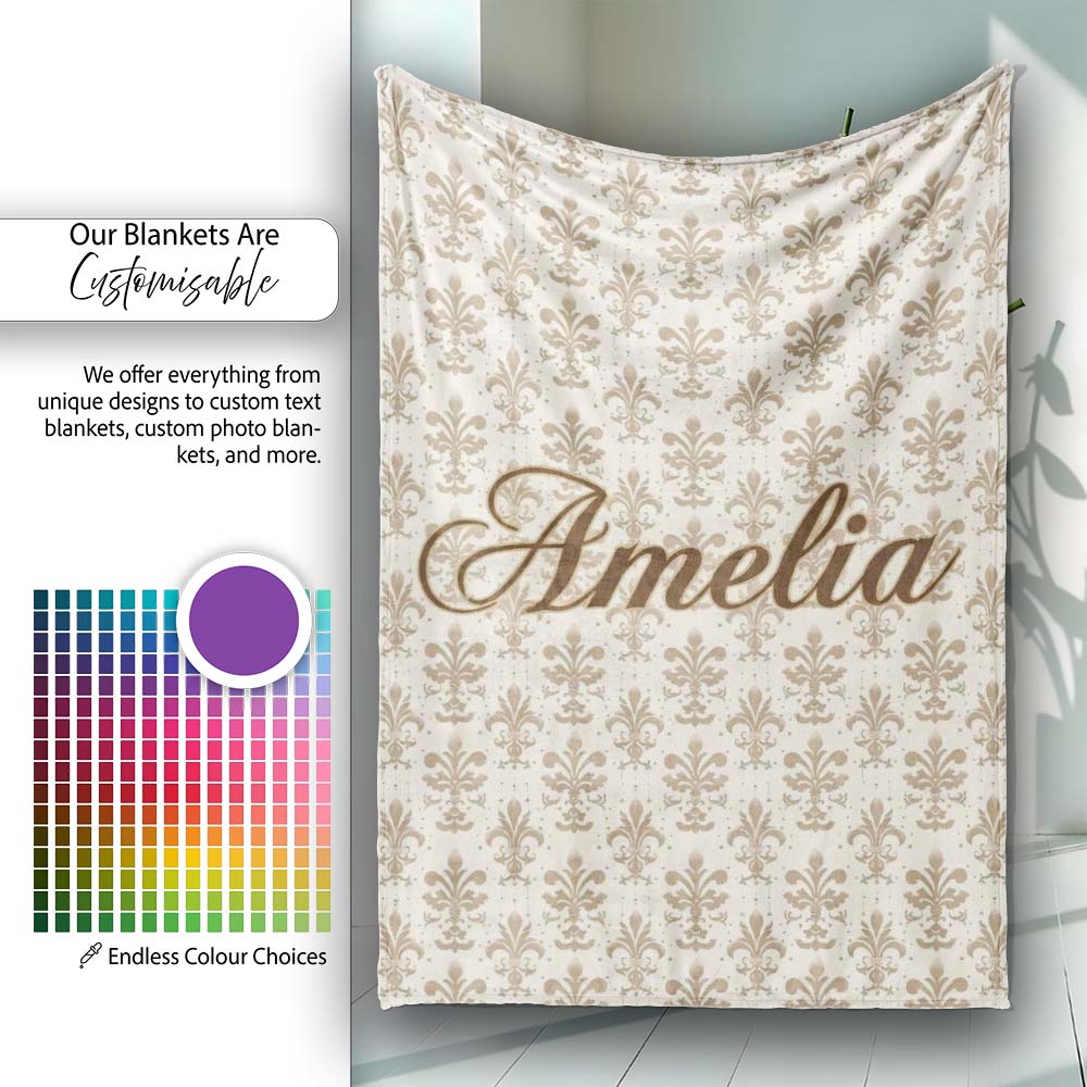 Classic Neutral Fleur De Lis Damask Pattern Soft Beige Background Personalised Custom Name Super Soft Fleece Blanket Bed Sofa Throw