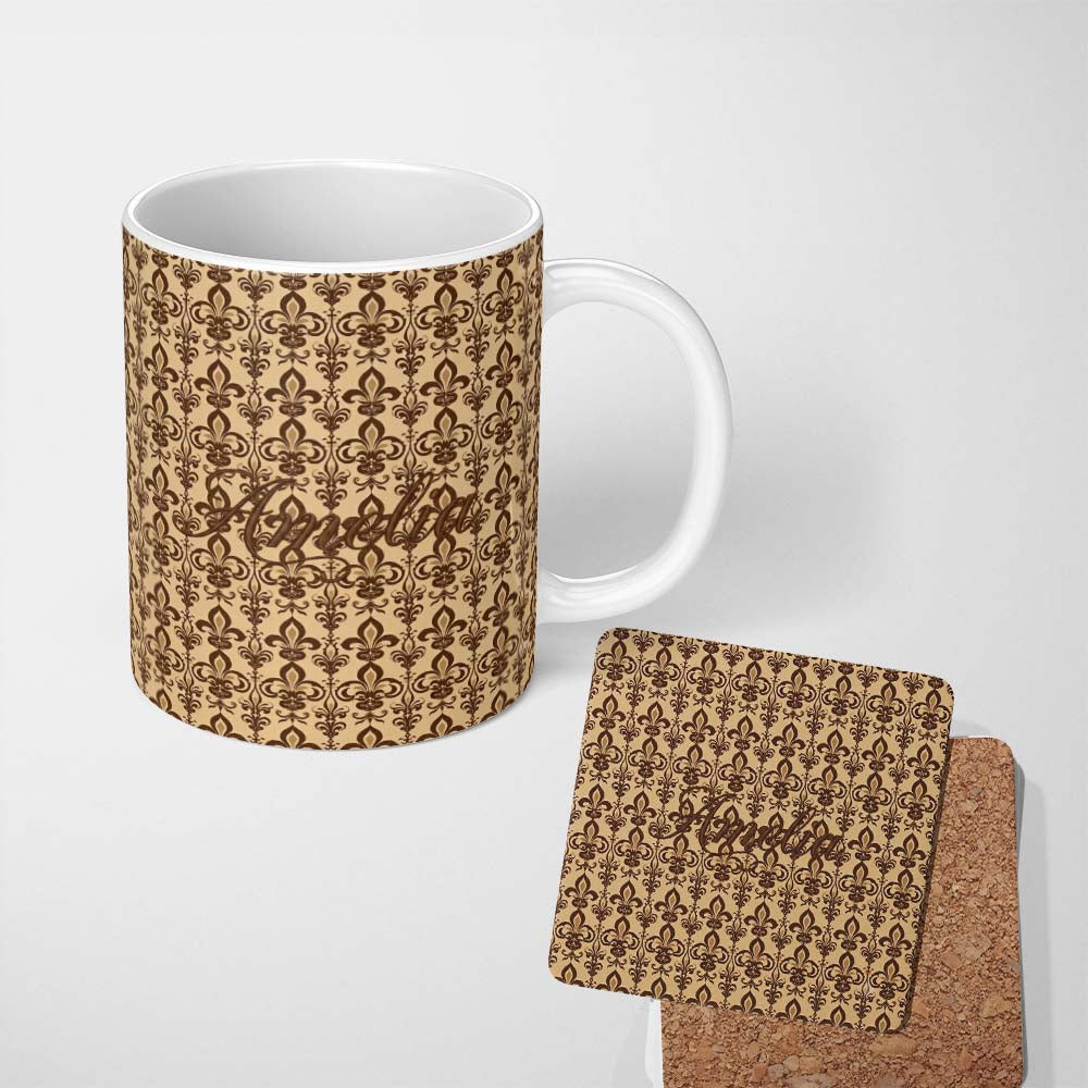Personalized Custom Name Bold Dark Brown Fleur De Lis Floral Damask Seamless Pattern Name 11oz Ceramic Coffee Tea Mug White Large Handle