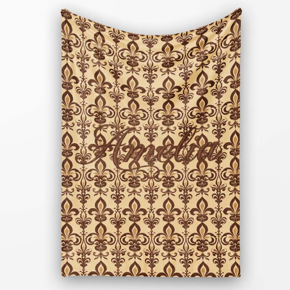 Bold Dark Brown Fleur De Lis Floral Damask Seamless Pattern Name Personalised Custom Name Super Soft Fleece Blanket Bed Sofa Throw