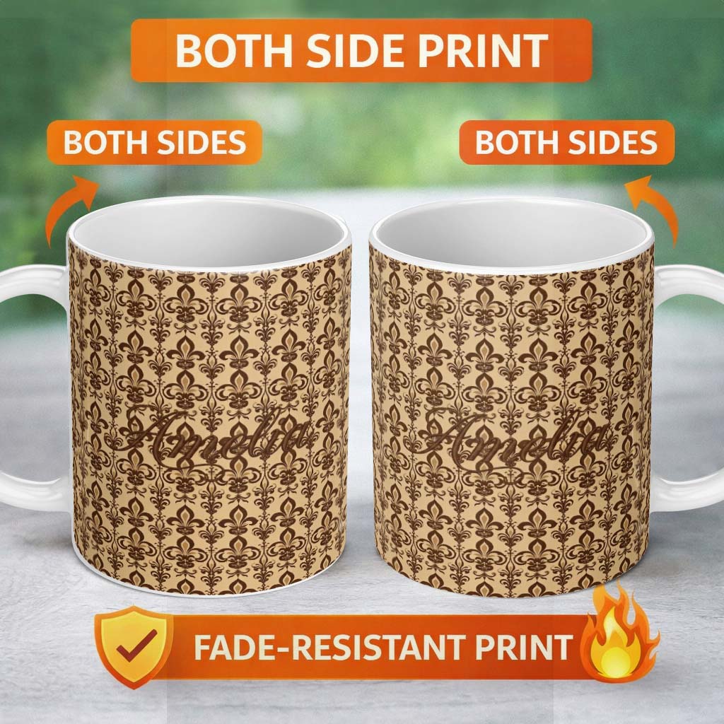 Personalized Custom Name Bold Dark Brown Fleur De Lis Floral Damask Seamless Pattern Name 11oz Ceramic Coffee Tea Mug White Large Handle