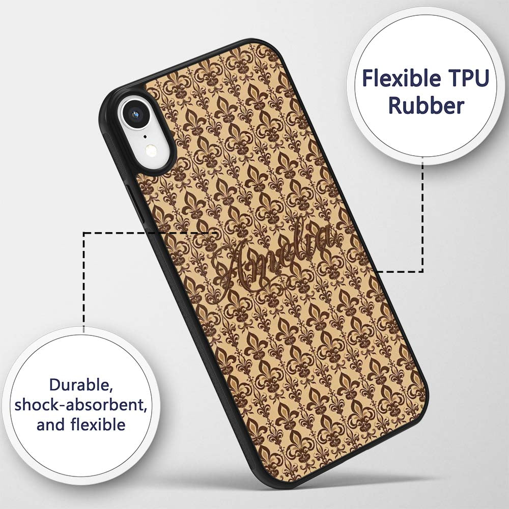 Bold Dark Brown Fleur De Lis Decorative Design Custom Name Protective Phone Case Mobile Cover Durable Everyday Smartphone Shock Resistant