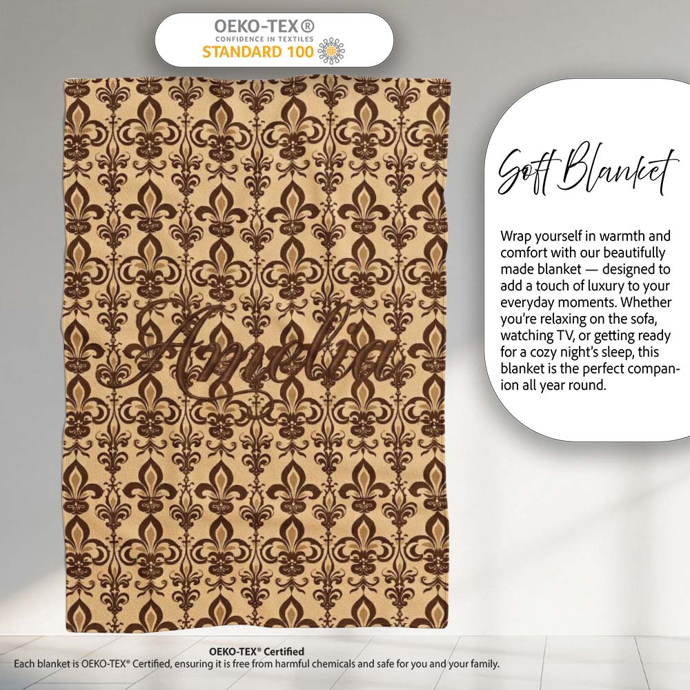 Bold Dark Brown Fleur De Lis Floral Damask Seamless Pattern Name Personalised Custom Name Super Soft Fleece Blanket Bed Sofa Throw