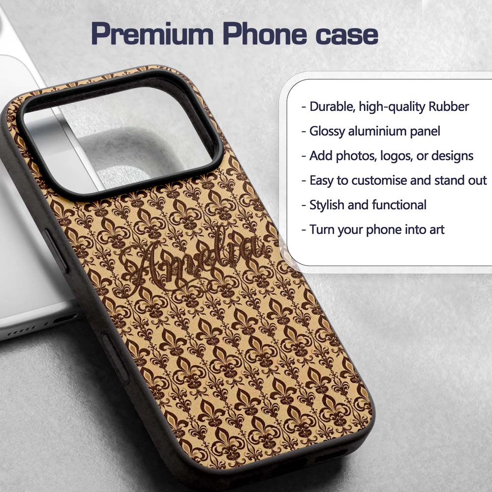 Bold Dark Brown Fleur De Lis Decorative Design Custom Name Protective Phone Case Mobile Cover Durable Everyday Smartphone Shock Resistant