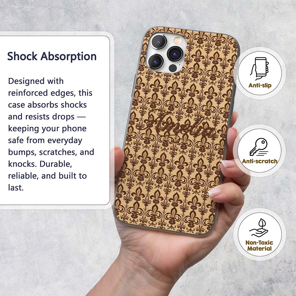 Bold Dark Brown Fleur De Lis Decorative Design Custom Name Protective Phone Case Mobile Cover Durable Everyday Smartphone Shock Resistant