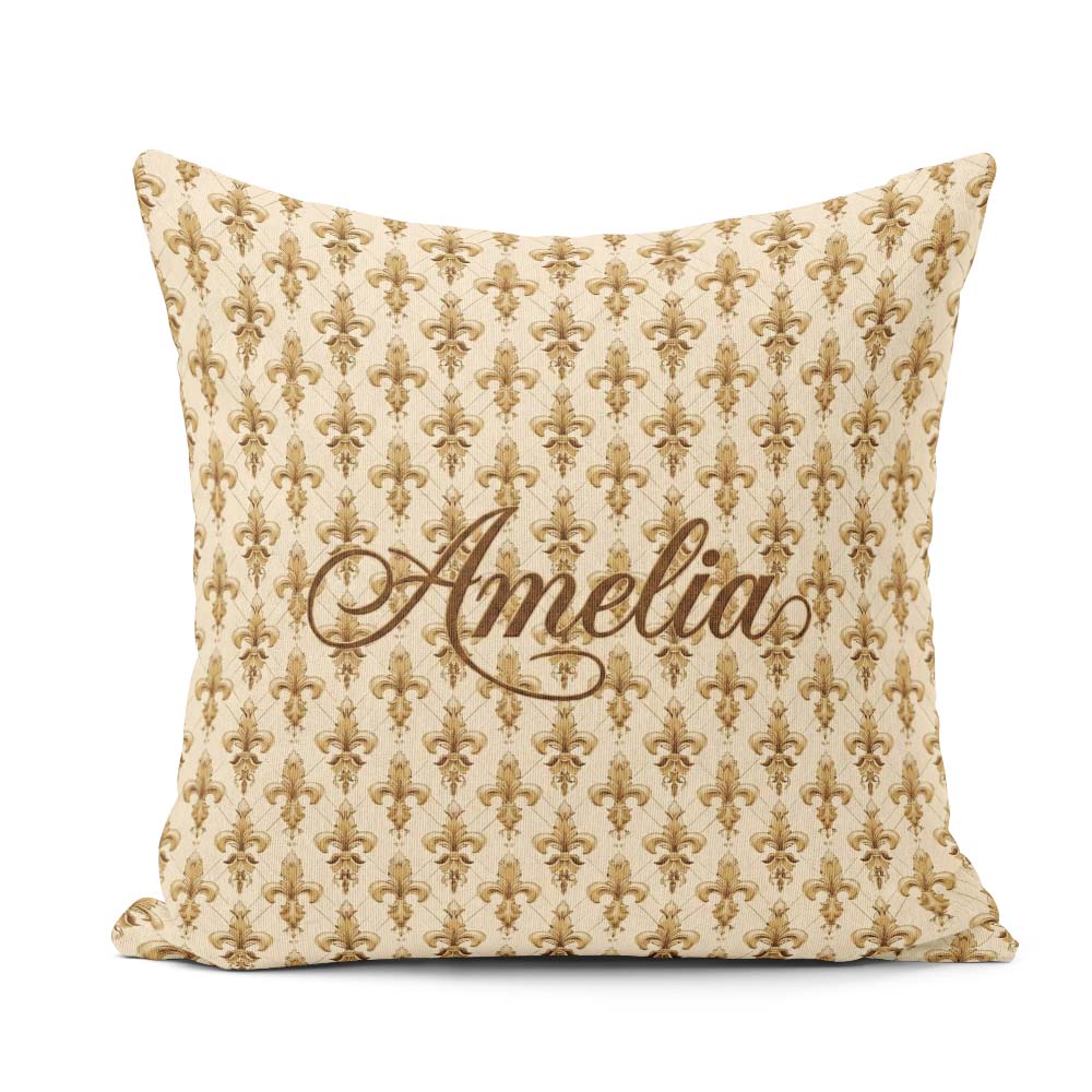 Custom Name Gold Fleur De Lis Repeating Pattern Elegant Seamless Square Filled Cushion Throw Pillow Sofa Bed Home Decor Zip Washable UK Made
