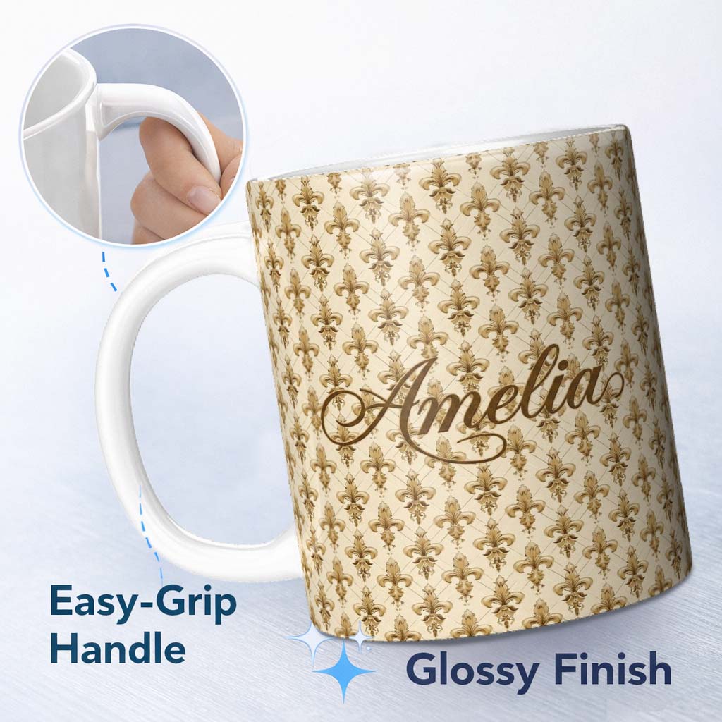 Personalized Custom Name Luxury Gold Fleur De Lis Repeating Pattern Elegant Seamless Design 11oz Ceramic Coffee Tea Mug White Large Handle