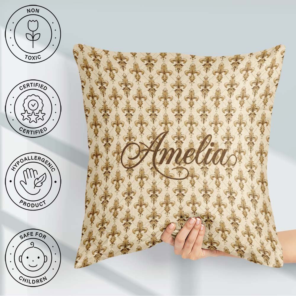 Custom Name Gold Fleur De Lis Repeating Pattern Elegant Seamless Square Filled Cushion Throw Pillow Sofa Bed Home Decor Zip Washable UK Made