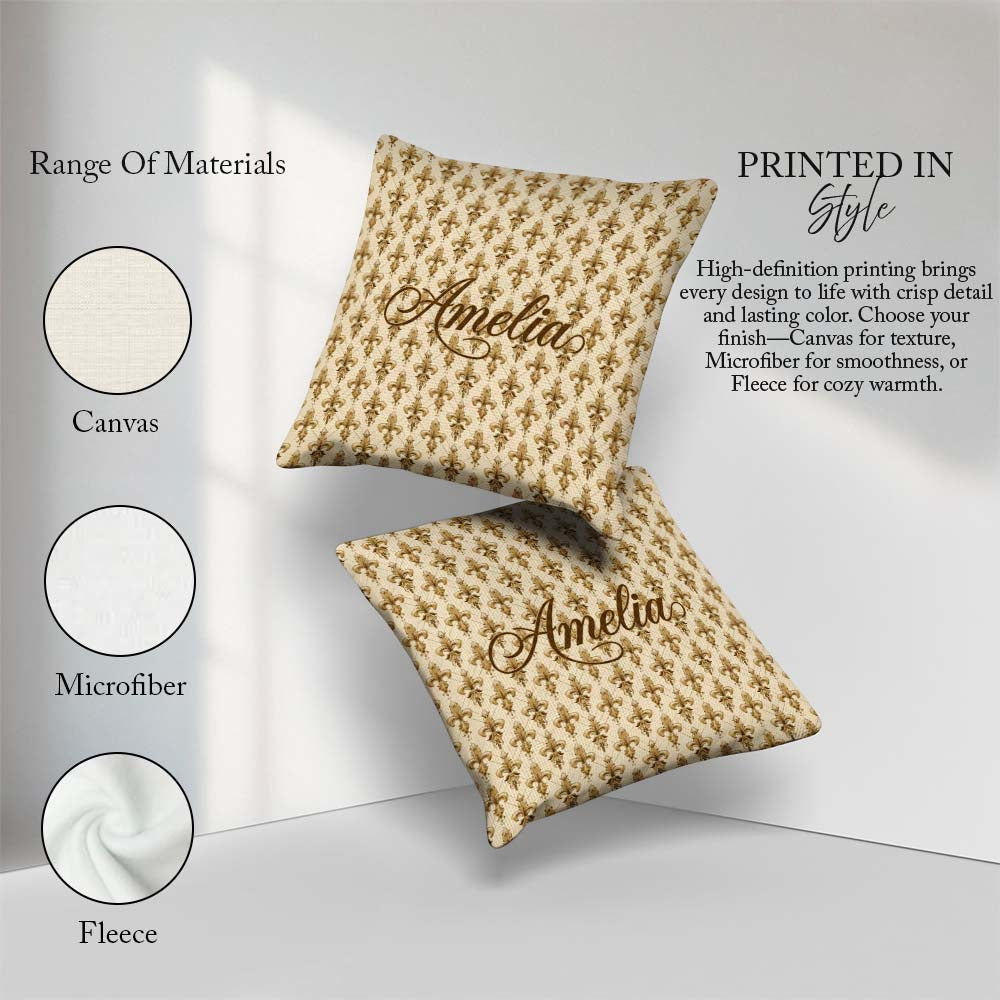 Custom Name Gold Fleur De Lis Repeating Pattern Elegant Seamless Square Filled Cushion Throw Pillow Sofa Bed Home Decor Zip Washable UK Made