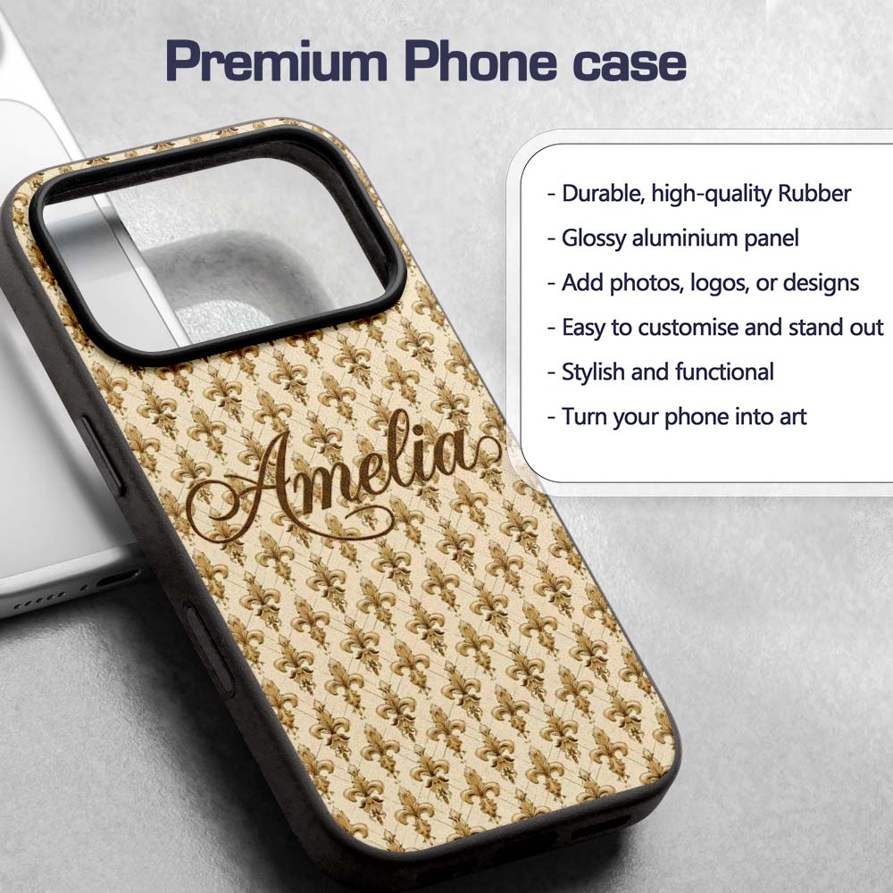 Luxury Gold Fleur De Lis Repeating Printed Design Custom Name Protective Phone Case Mobile Cover Durable Everyday Smartphone Shock Resistant