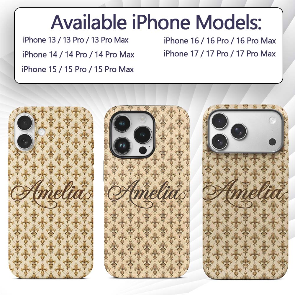 Luxury Gold Fleur De Lis Repeating Printed Design Custom Name Protective Phone Case Mobile Cover Durable Everyday Smartphone Shock Resistant