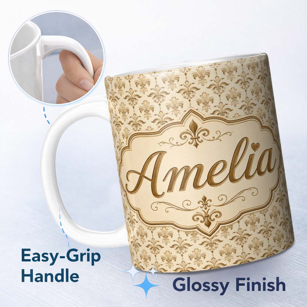 Personalized Custom Name Soft Gold Fleur De Lis Diamond Layout Pattern Seamless Design Name 11oz Ceramic Coffee Tea Mug White Large Handle