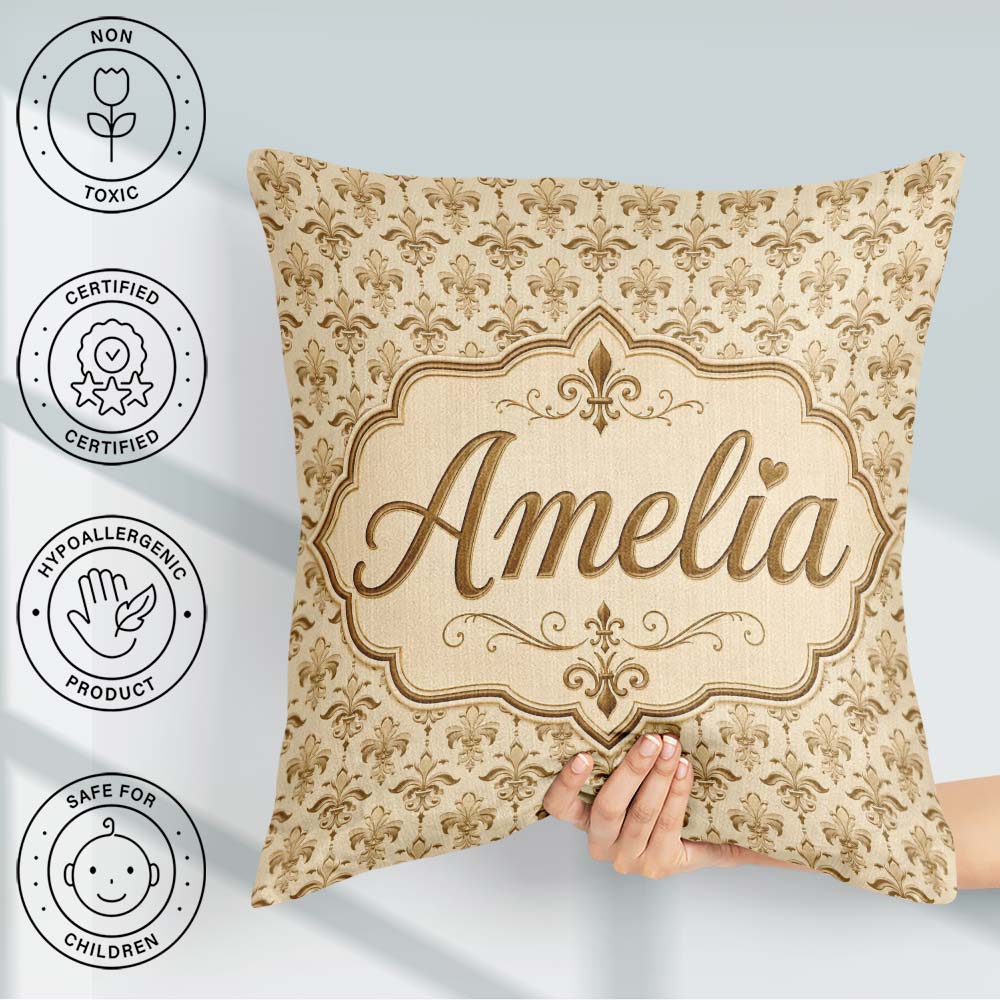 Custom Name Soft Gold Fleur De Lis Diamond Layout Pattern Design Square Filled Cushion Throw Pillow Sofa Bed Home Decor Zip Washable UK Made