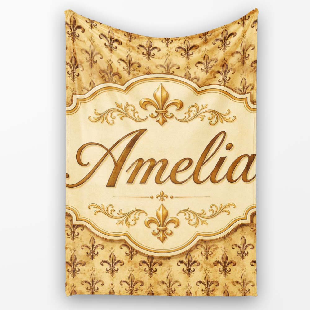 Classic Antique Fleur De Lis Decorative Pattern Warm Beige Seamless Personalised Custom Name Super Soft Fleece Blanket Bed Sofa Throw