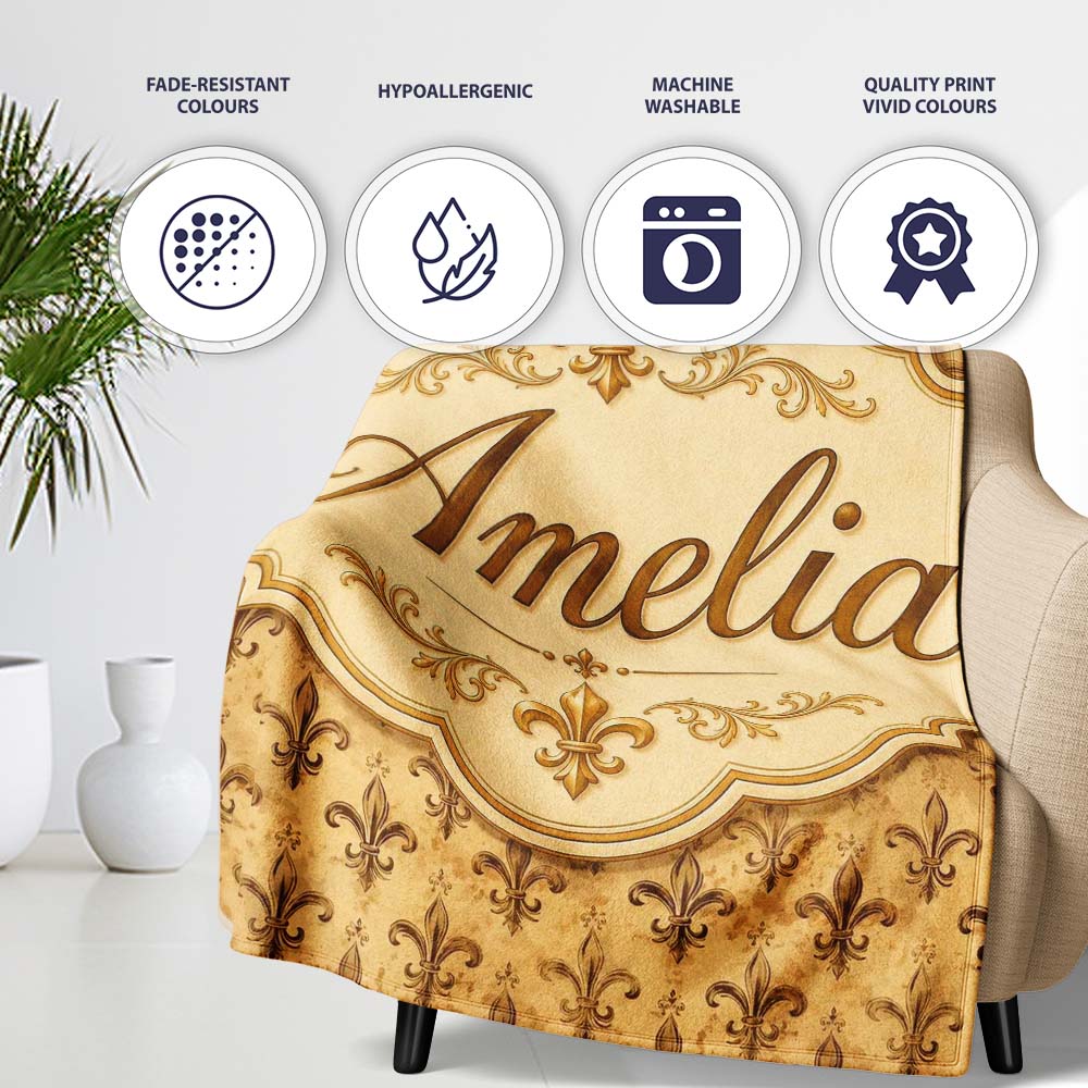 Classic Antique Fleur De Lis Decorative Pattern Warm Beige Seamless Personalised Custom Name Super Soft Fleece Blanket Bed Sofa Throw