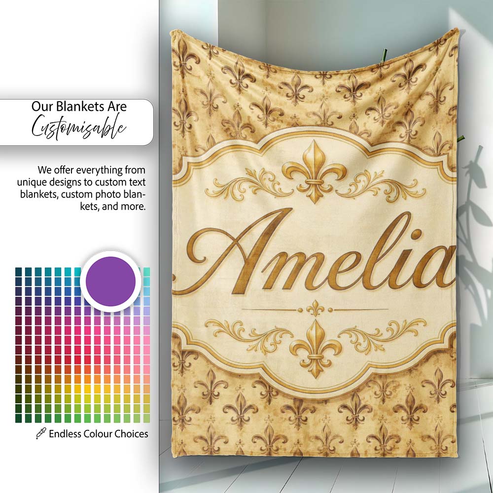 Classic Antique Fleur De Lis Decorative Pattern Warm Beige Seamless Personalised Custom Name Super Soft Fleece Blanket Bed Sofa Throw