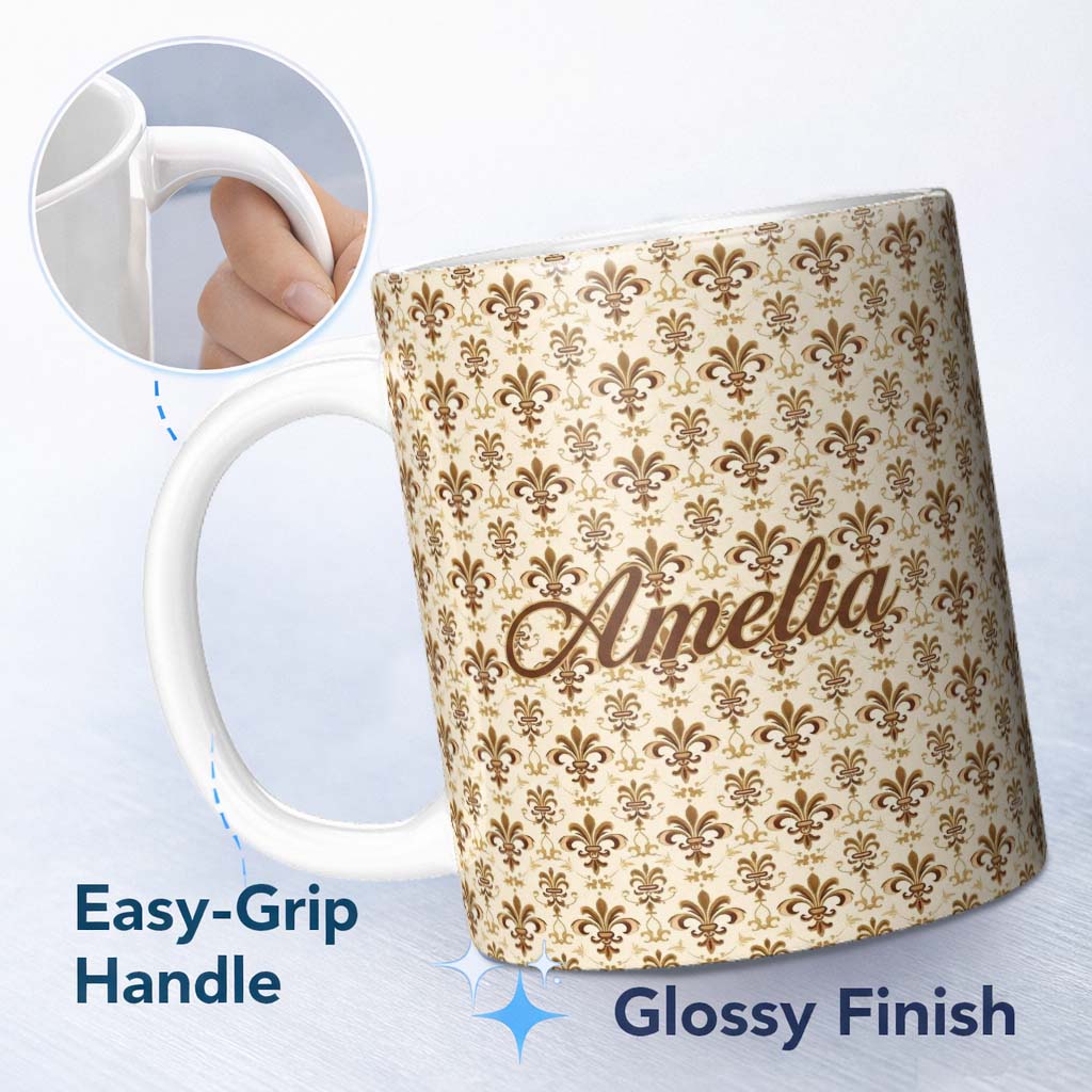 Personalized Custom Name Rustic Vintage Fleur De Lis Aged Background Seamless Pattern Name 11oz Ceramic Coffee Tea Mug White Large Handle