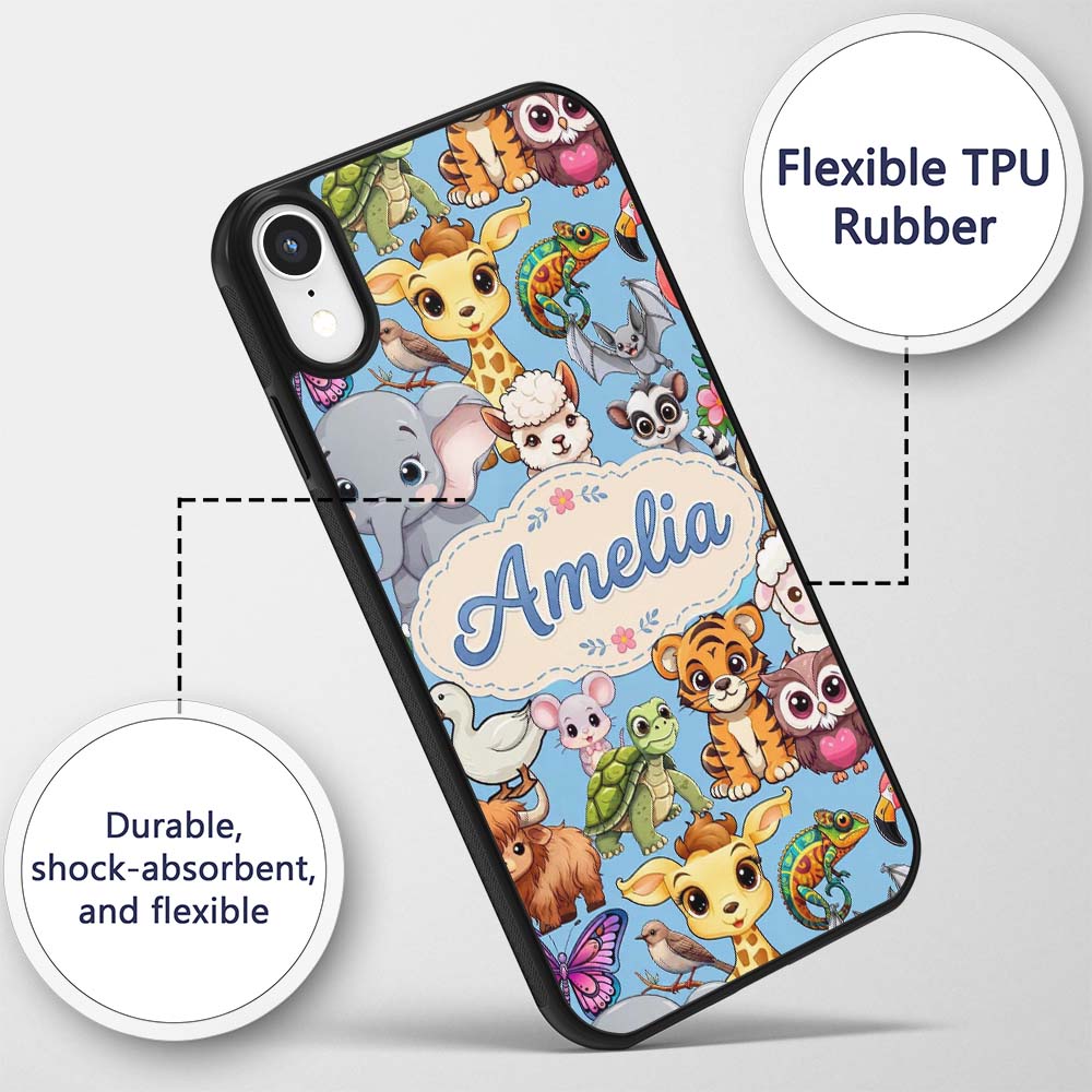 Cute Cartoon Jungle Safari Animals Printed Design Custom Name Protective Phone Case Mobile Cover Durable Everyday Smartphone Shock Resistant