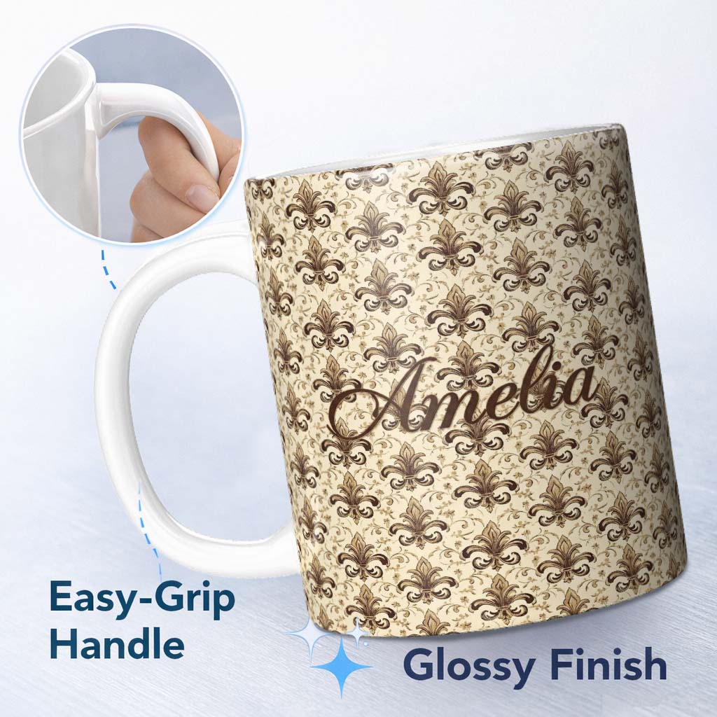 Personalized Custom Name Ornate Classic Fleur De Lis Floral Scroll Pattern Seamless Design 11oz Ceramic Coffee Tea Mug White Large Handle