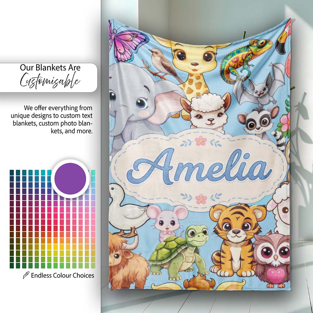 Cute Cartoon Jungle Safari Animals Seamless Pattern on Blue Lovely Personalised Custom Name Super Soft Fleece Blanket Bed Sofa Throw