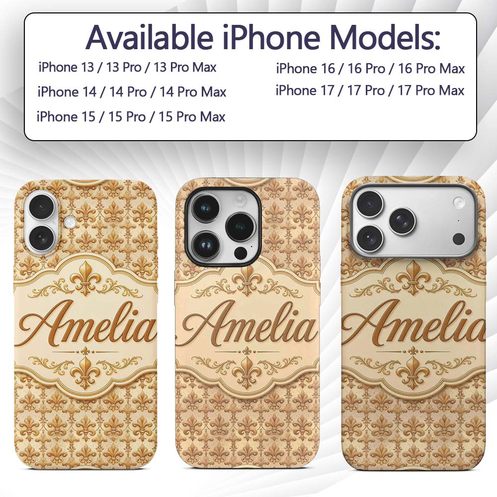 Vintage Aged Fleur De Lis Classic Antique Style Custom Name Protective Phone Case Mobile Cover Durable Everyday Smartphone Shock Resistant